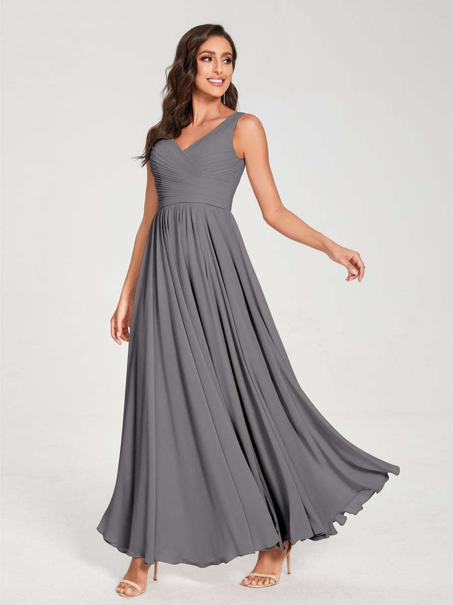 Floor-Length Sleeveless V-Neck Chiffon Bridesmaid Dress with A-Line Princess Silhouette and Pleats