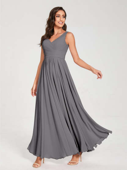 Floor-Length Sleeveless V-Neck Chiffon Bridesmaid Dress with A-Line Princess Silhouette and Pleats