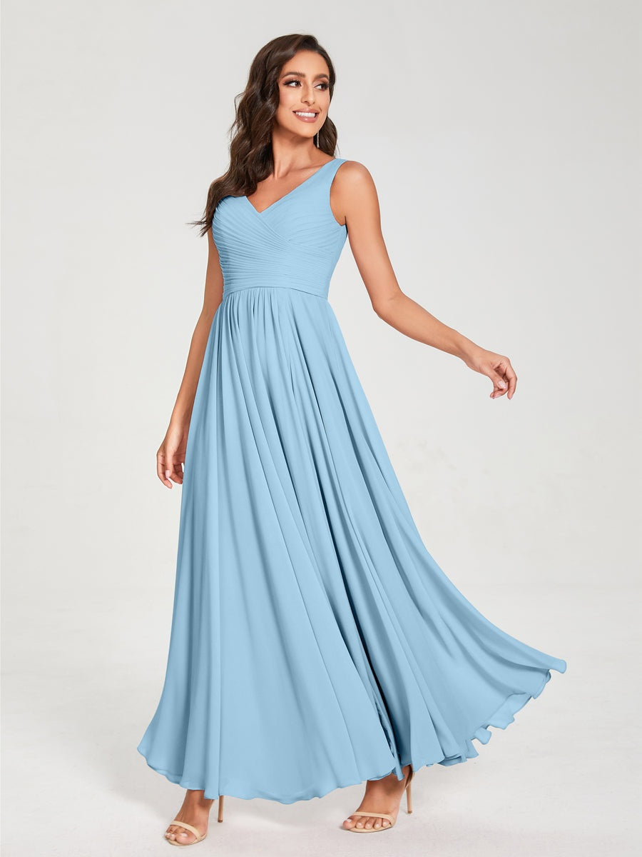 Floor-Length Sleeveless V-Neck Chiffon Bridesmaid Dress with A-Line Princess Silhouette and Pleats