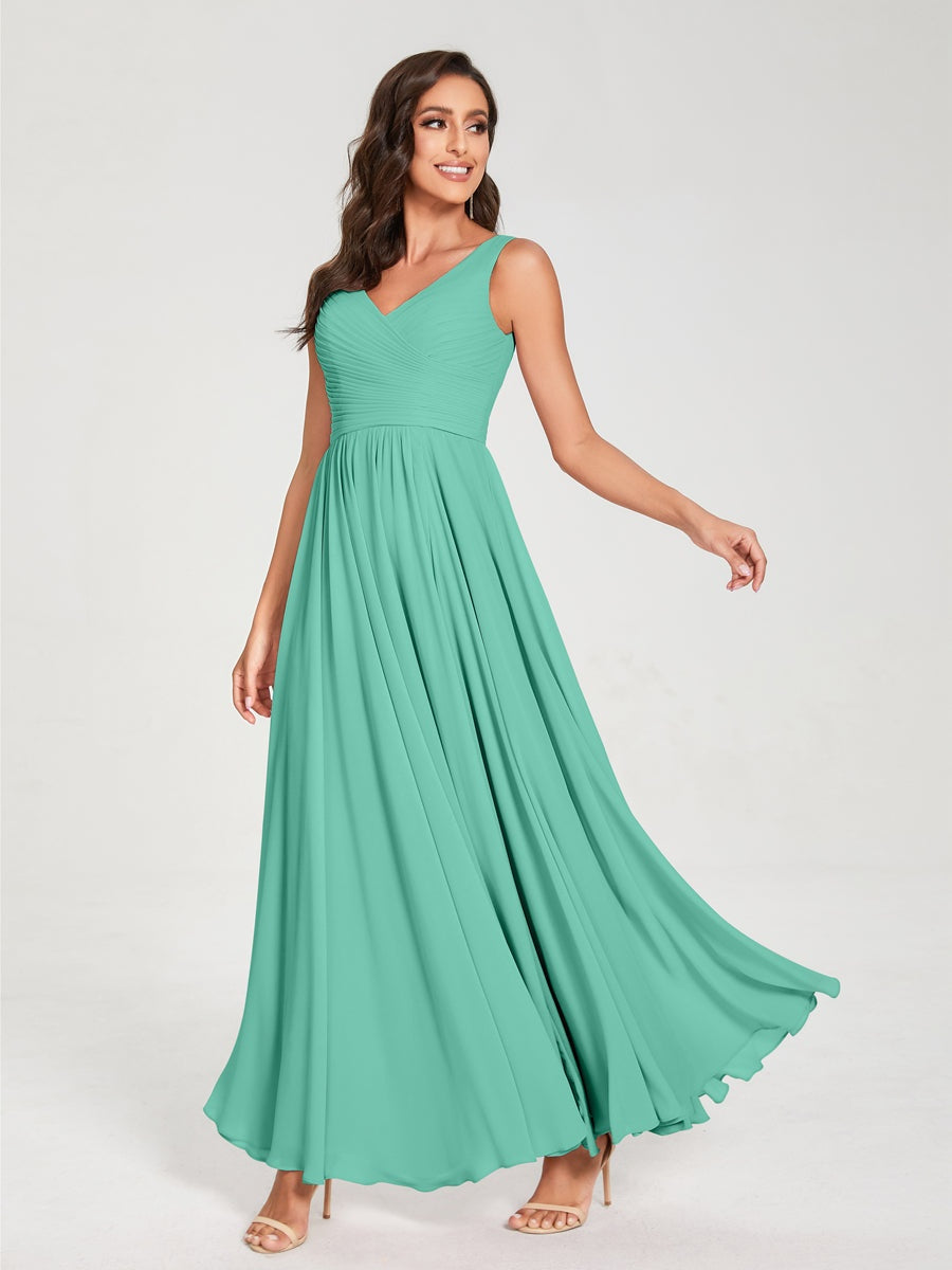 Floor-Length Sleeveless V-Neck Chiffon Bridesmaid Dress with A-Line Princess Silhouette and Pleats