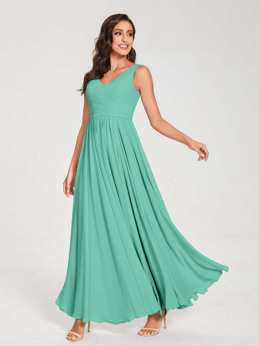 Floor-Length Sleeveless V-Neck Chiffon Bridesmaid Dress with A-Line Princess Silhouette and Pleats