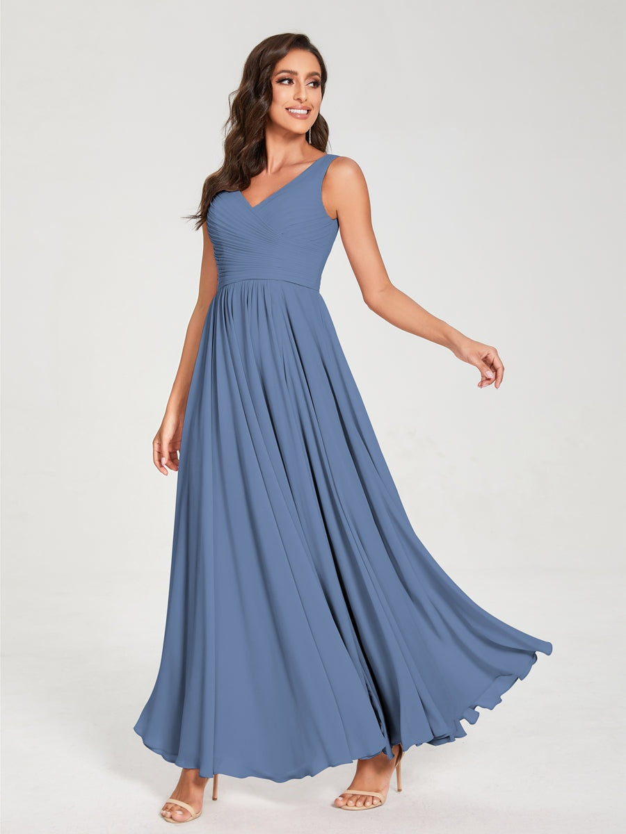 Floor-Length Sleeveless V-Neck Chiffon Bridesmaid Dress with A-Line Princess Silhouette and Pleats
