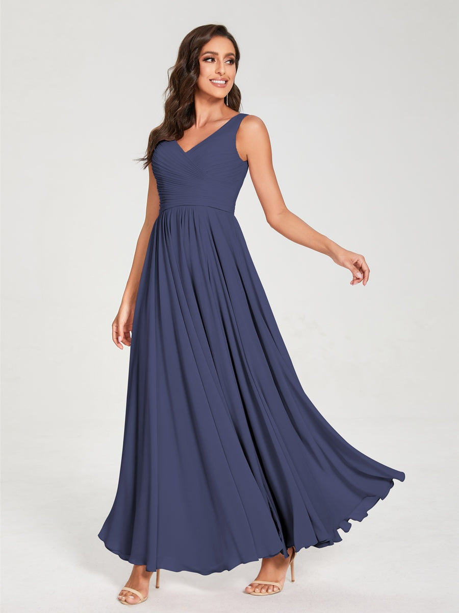 Floor-Length Sleeveless V-Neck Chiffon Bridesmaid Dress with A-Line Princess Silhouette and Pleats