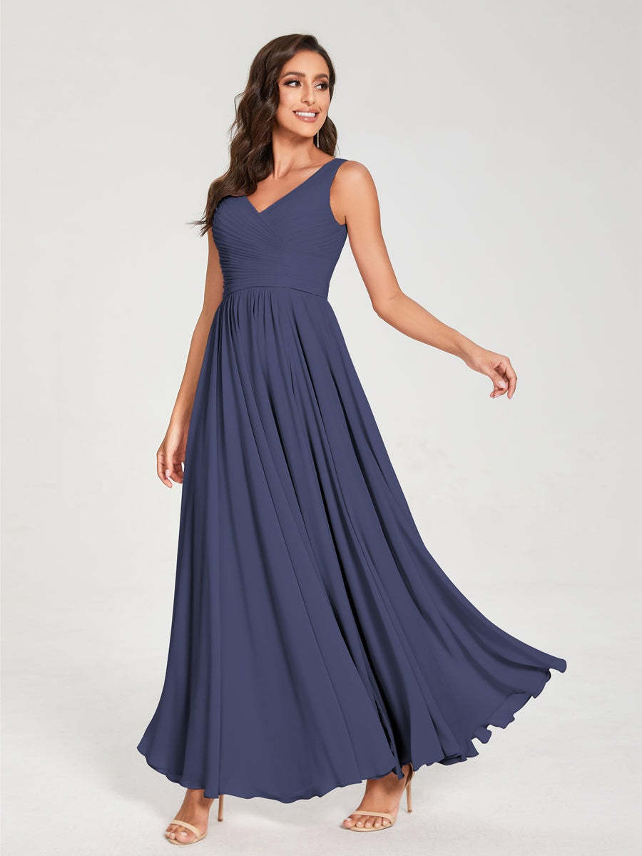 Floor-Length Sleeveless V-Neck Chiffon Bridesmaid Dress with A-Line Princess Silhouette and Pleats