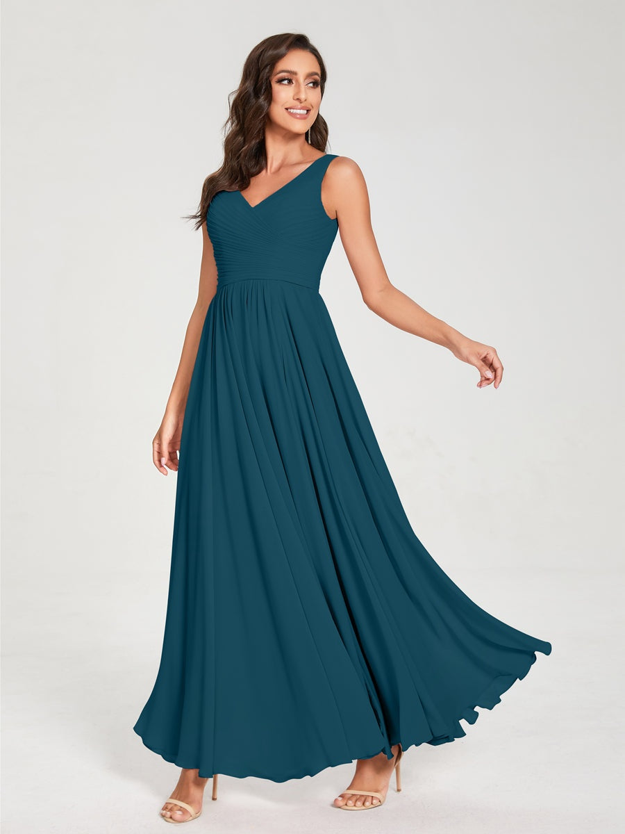 Floor-Length Sleeveless V-Neck Chiffon Bridesmaid Dress with A-Line Princess Silhouette and Pleats
