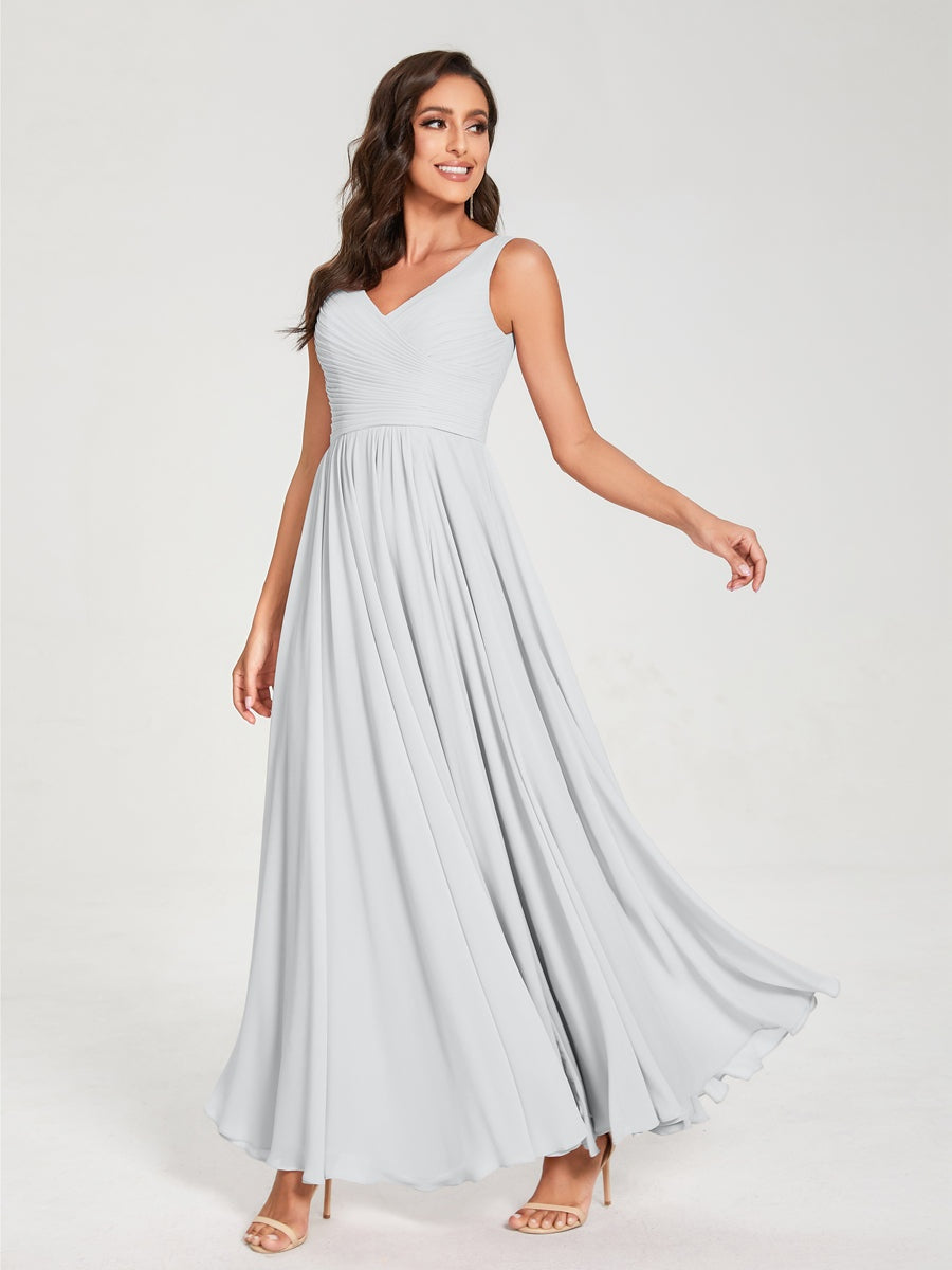 Floor-Length Sleeveless V-Neck Chiffon Bridesmaid Dress with A-Line Princess Silhouette and Pleats