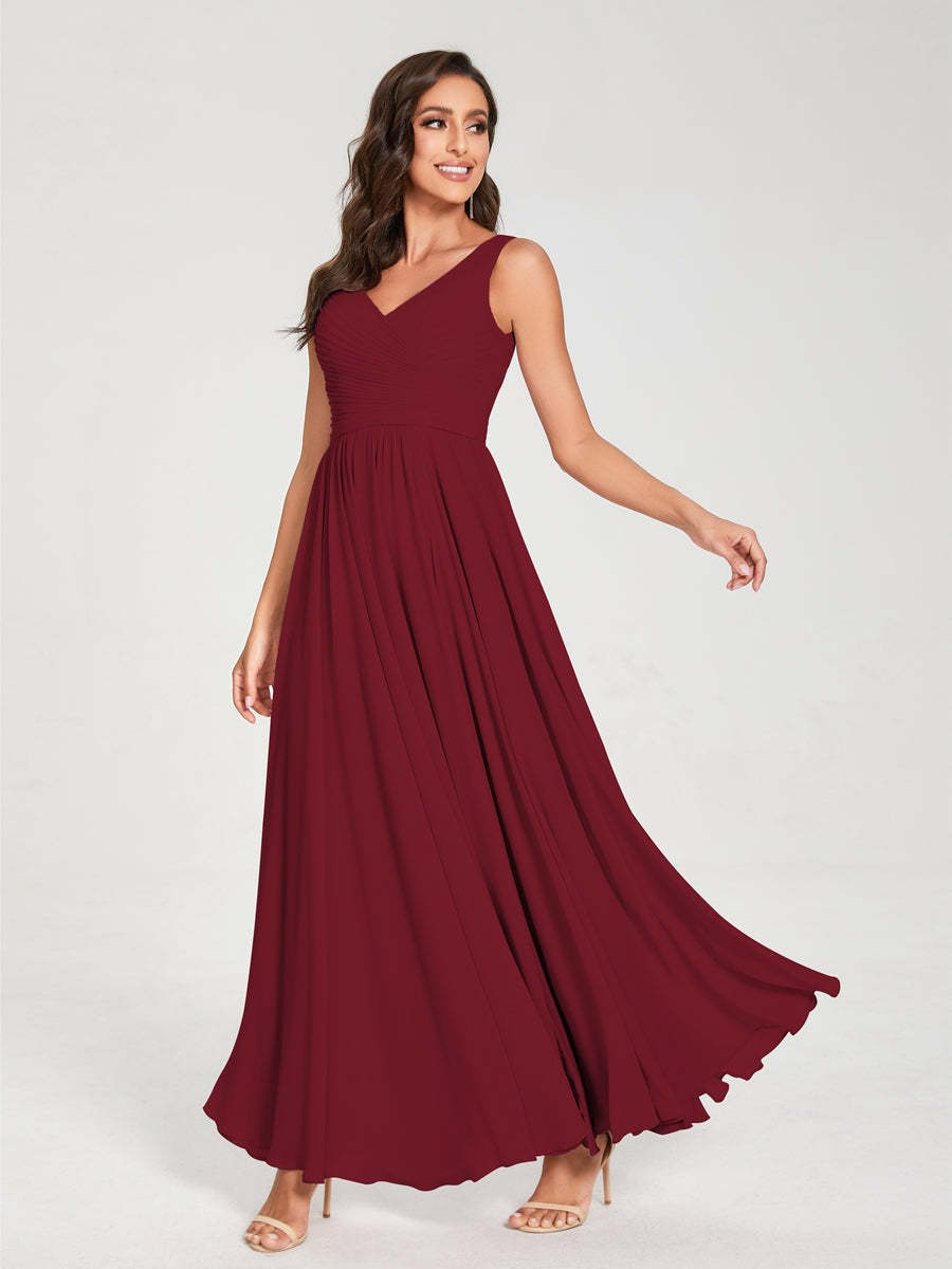 Floor-Length Sleeveless V-Neck Chiffon Bridesmaid Dress with A-Line Princess Silhouette and Pleats
