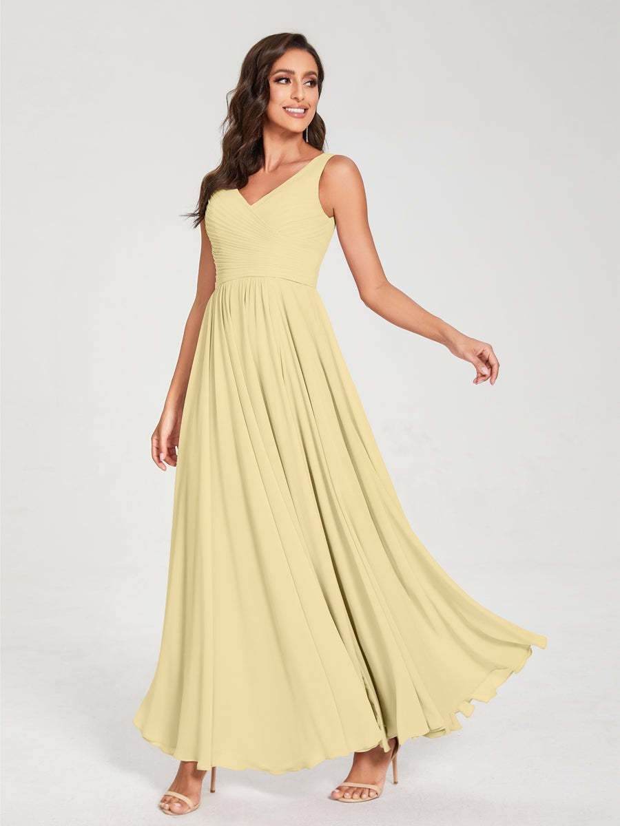 Floor-Length Sleeveless V-Neck Chiffon Bridesmaid Dress with A-Line Princess Silhouette and Pleats