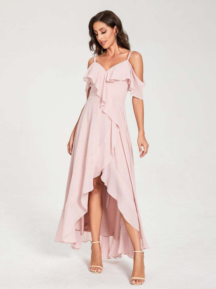 Princess A-Line Spaghetti Straps V-Neck Short Sleeve Asymmetrical Ruffled Bridesmaid Dress