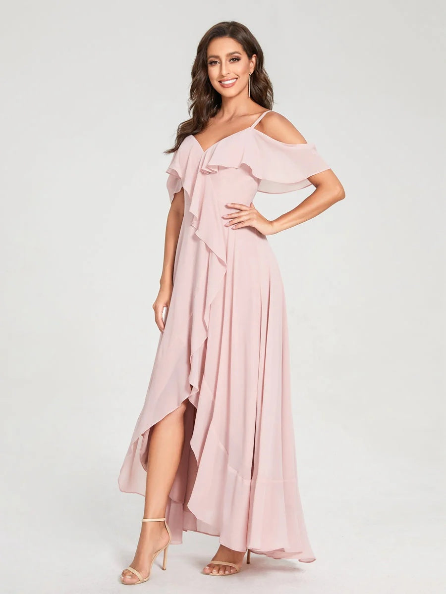 Princess A-Line Spaghetti Straps V-Neck Short Sleeve Asymmetrical Ruffled Bridesmaid Dress