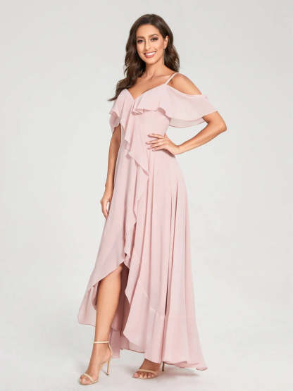 Princess A-Line Spaghetti Straps V-Neck Short Sleeve Asymmetrical Ruffled Bridesmaid Dress