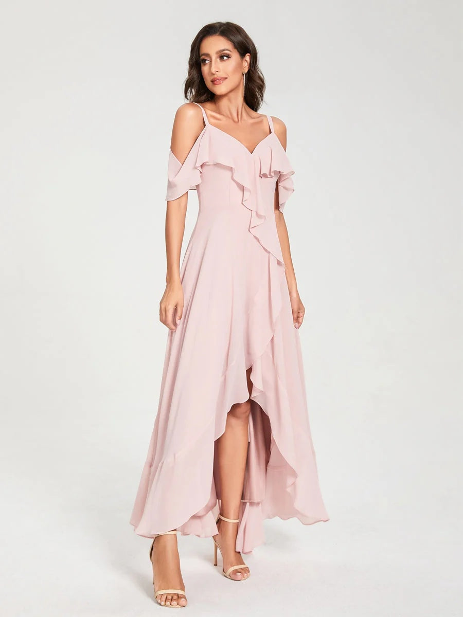 Princess A-Line Spaghetti Straps V-Neck Short Sleeve Asymmetrical Ruffled Bridesmaid Dress