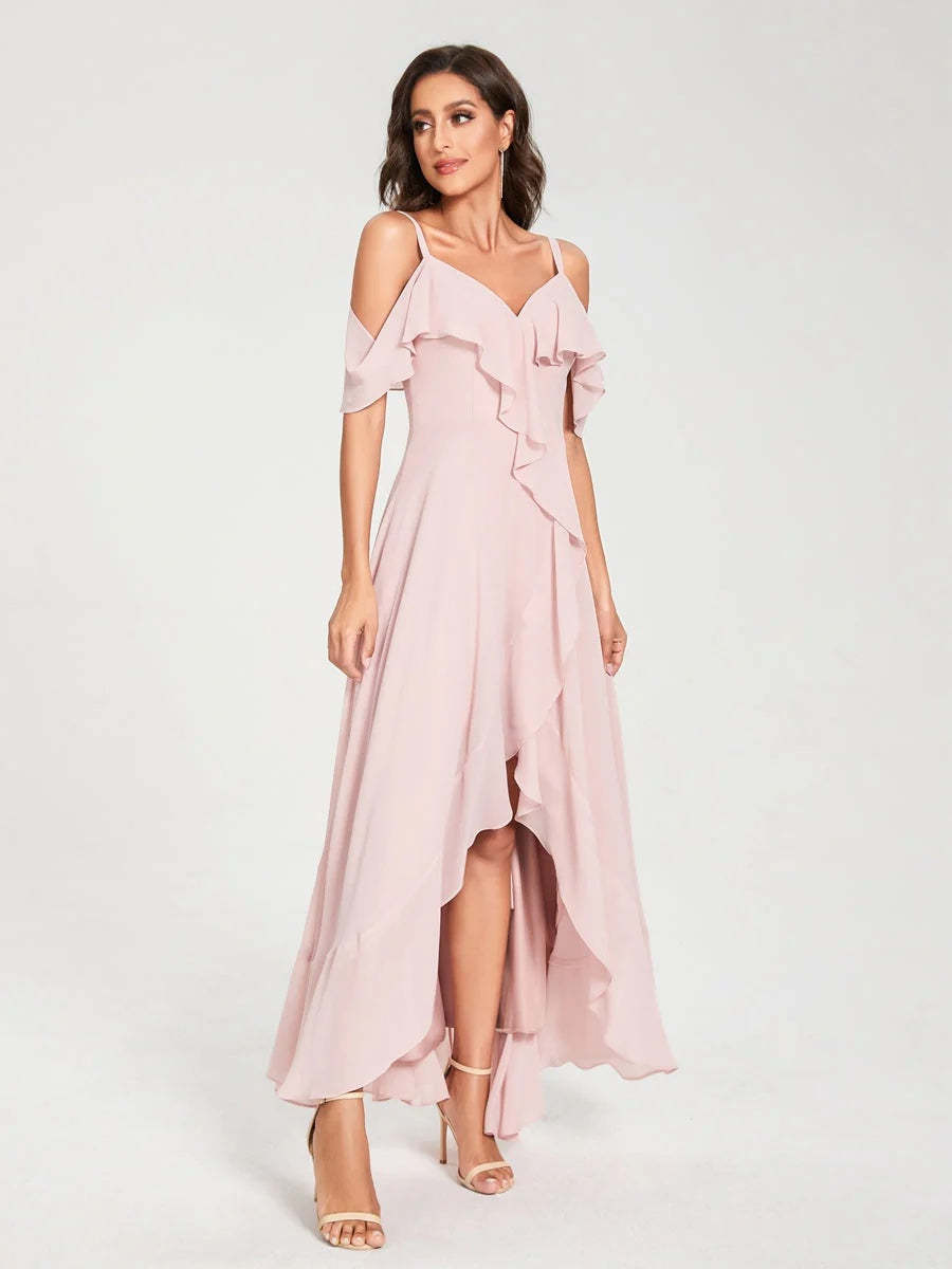 Princess A-Line Spaghetti Straps V-Neck Short Sleeve Asymmetrical Ruffled Bridesmaid Dress