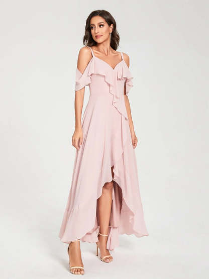 Princess A-Line Spaghetti Straps V-Neck Short Sleeve Asymmetrical Ruffled Bridesmaid Dress