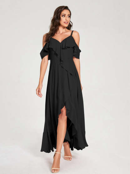 Princess A-Line Spaghetti Straps V-Neck Short Sleeve Asymmetrical Ruffled Bridesmaid Dress