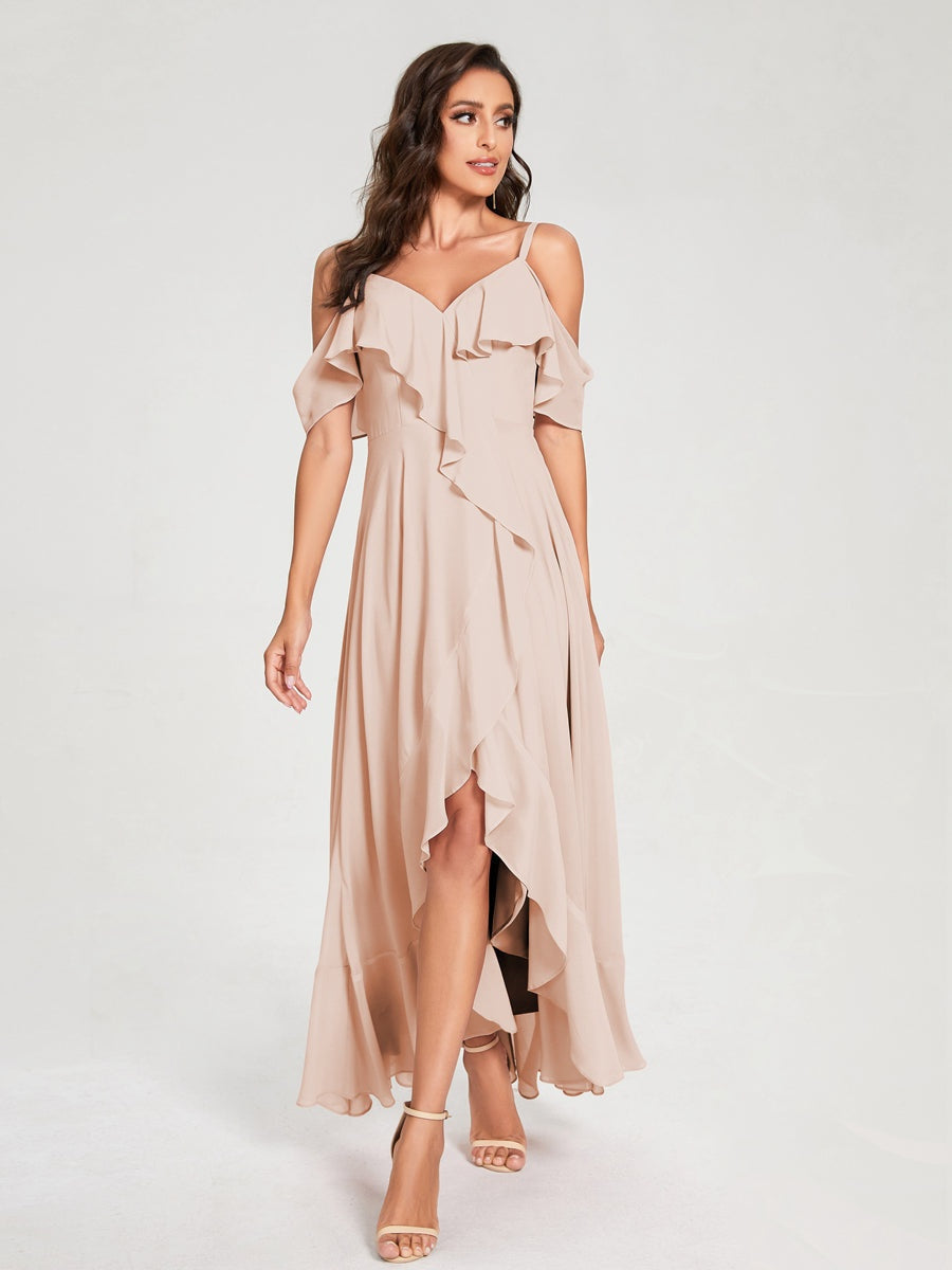 Princess A-Line Spaghetti Straps V-Neck Short Sleeve Asymmetrical Ruffled Bridesmaid Dress