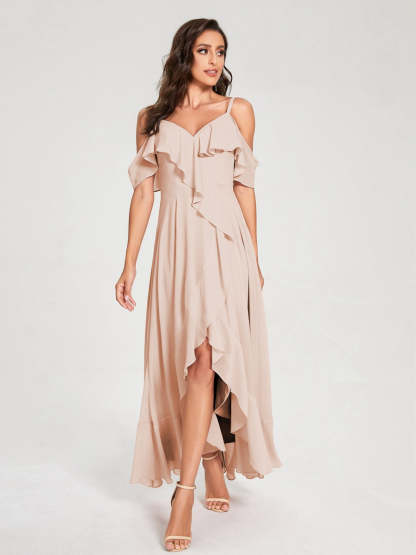 Princess A-Line Spaghetti Straps V-Neck Short Sleeve Asymmetrical Ruffled Bridesmaid Dress