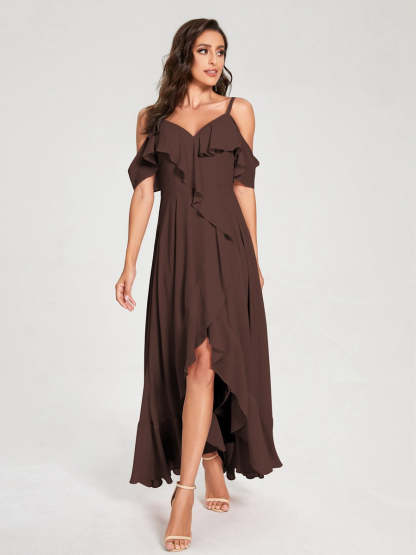 Princess A-Line Spaghetti Straps V-Neck Short Sleeve Asymmetrical Ruffled Bridesmaid Dress