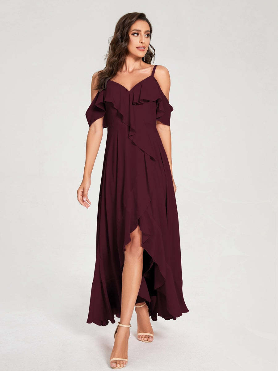 Princess A-Line Spaghetti Straps V-Neck Short Sleeve Asymmetrical Ruffled Bridesmaid Dress