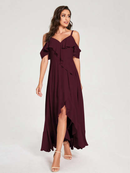 Princess A-Line Spaghetti Straps V-Neck Short Sleeve Asymmetrical Ruffled Bridesmaid Dress