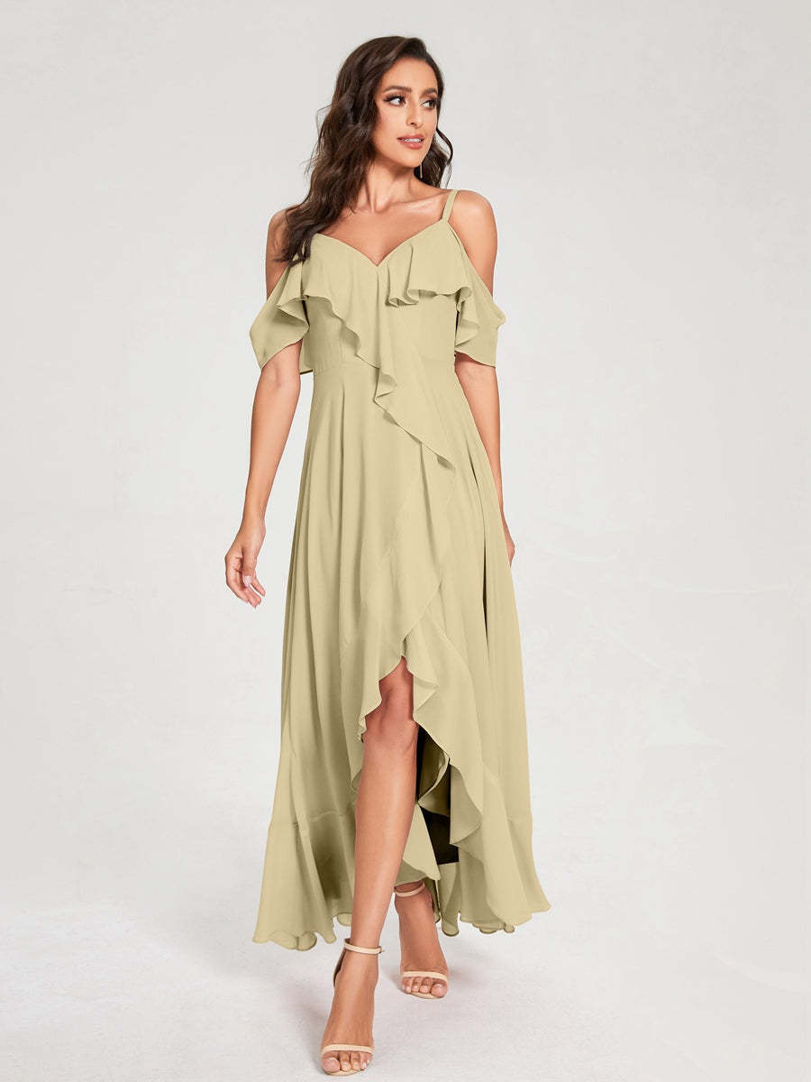 Princess A-Line Spaghetti Straps V-Neck Short Sleeve Asymmetrical Ruffled Bridesmaid Dress