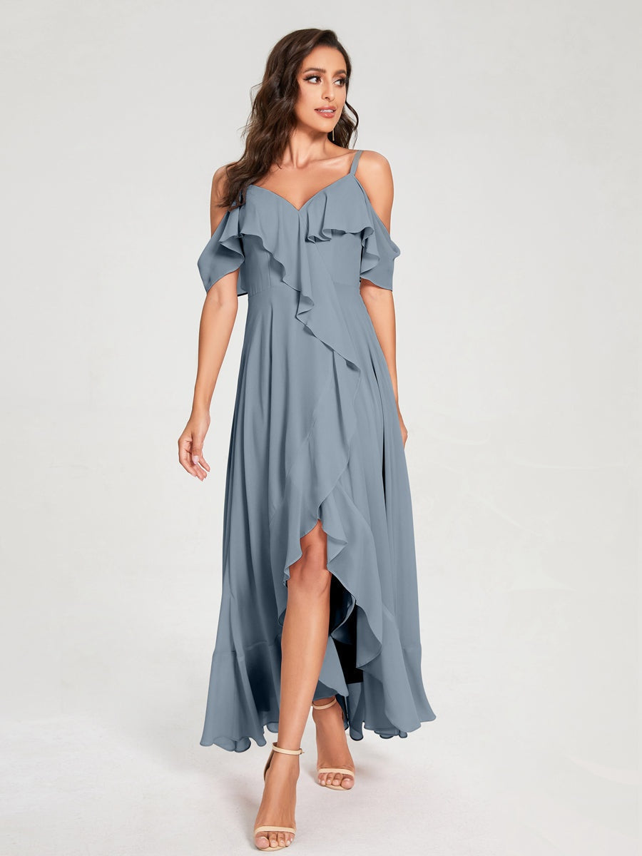Princess A-Line Spaghetti Straps V-Neck Short Sleeve Asymmetrical Ruffled Bridesmaid Dress