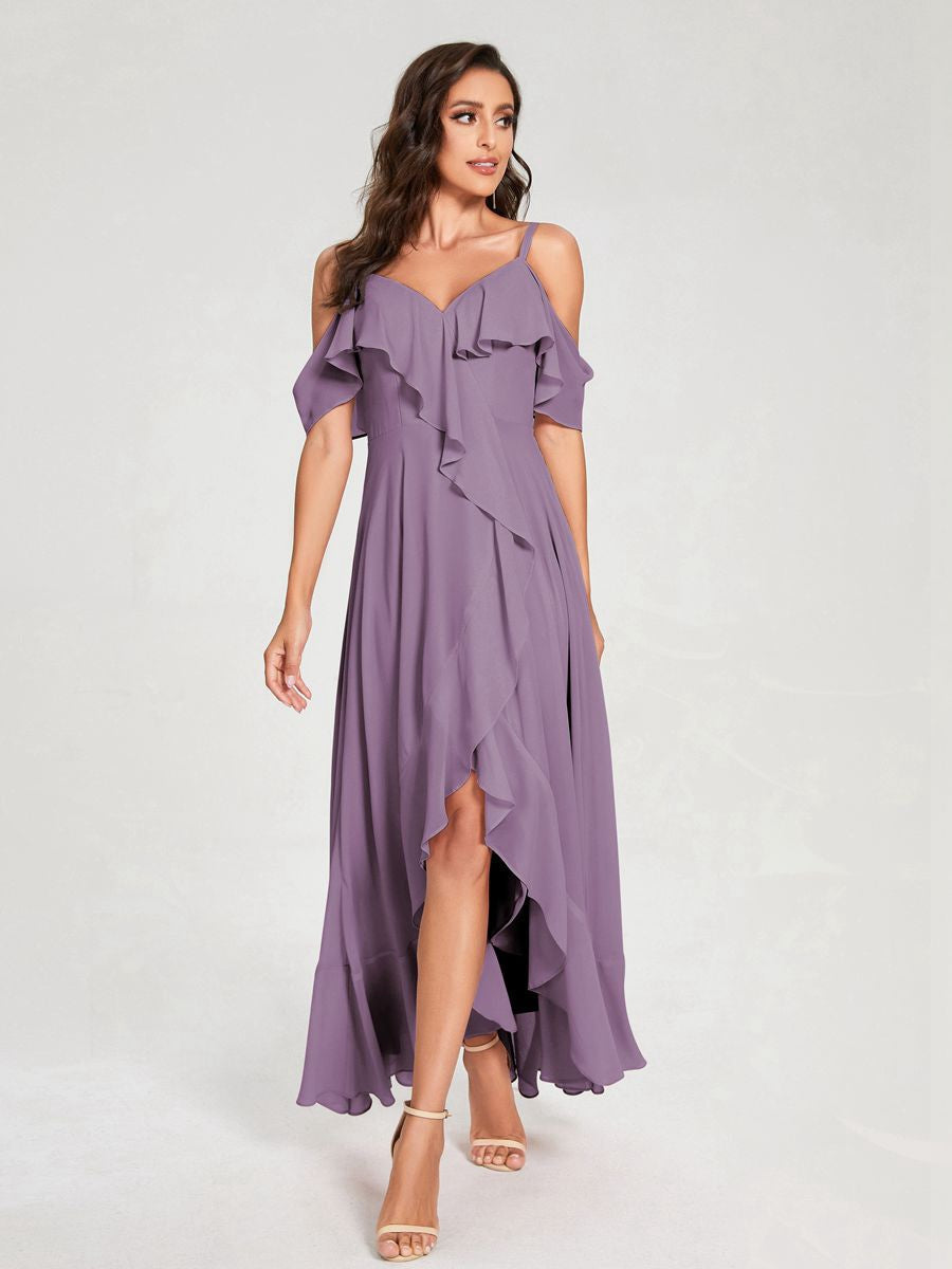 Princess A-Line Spaghetti Straps V-Neck Short Sleeve Asymmetrical Ruffled Bridesmaid Dress