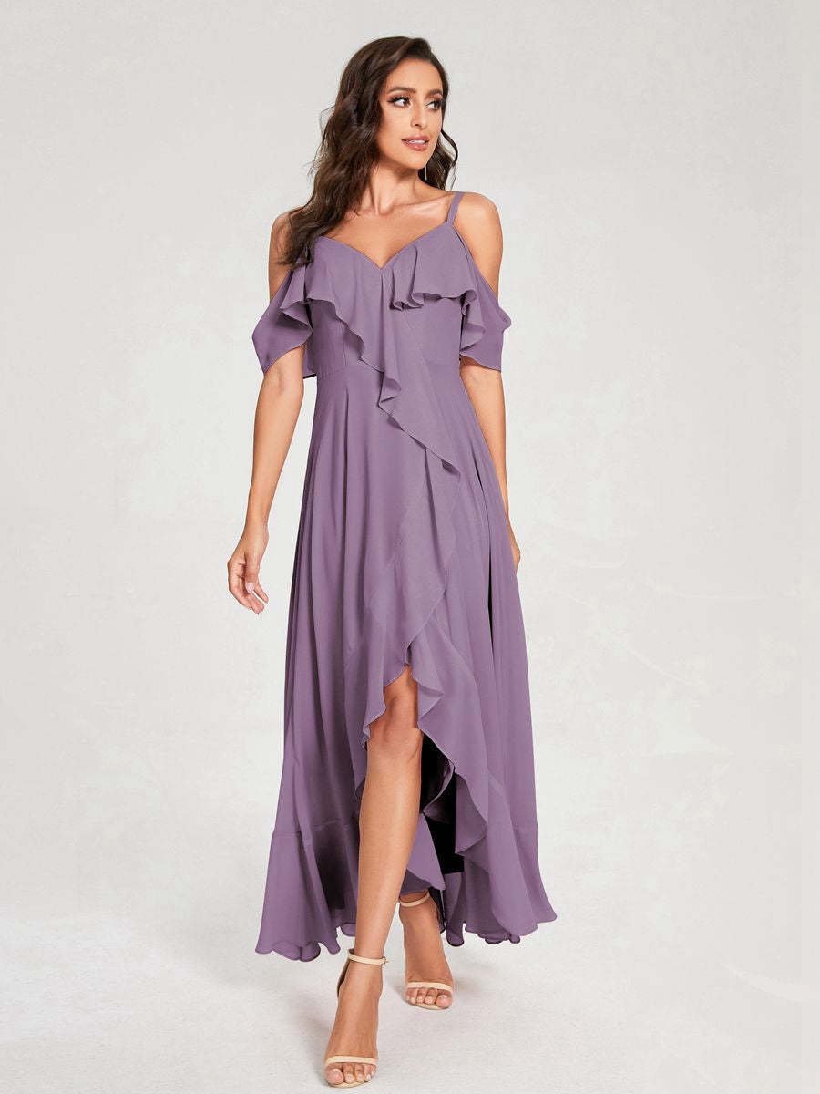 Princess A-Line Spaghetti Straps V-Neck Short Sleeve Asymmetrical Ruffled Bridesmaid Dress