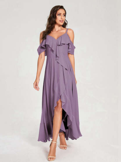 Princess A-Line Spaghetti Straps V-Neck Short Sleeve Asymmetrical Ruffled Bridesmaid Dress