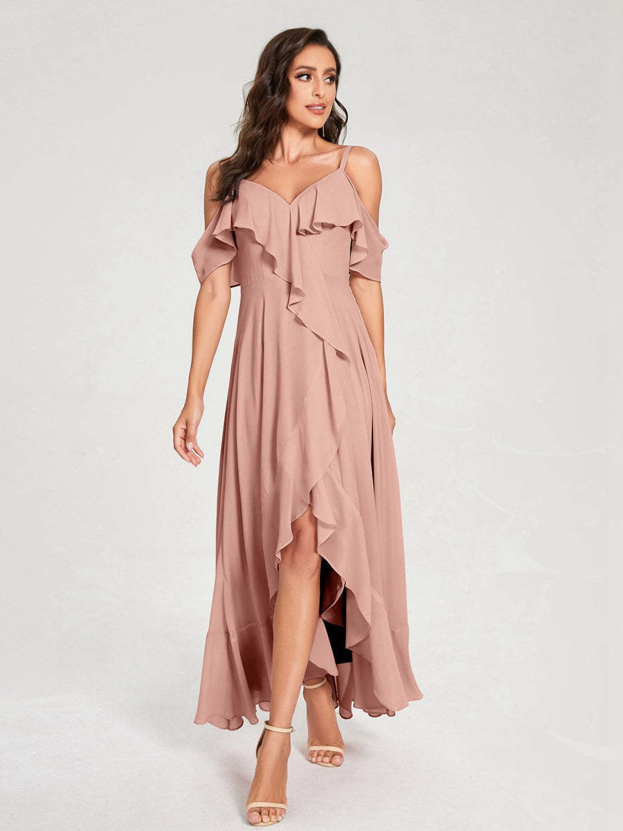 Princess A-Line Spaghetti Straps V-Neck Short Sleeve Asymmetrical Ruffled Bridesmaid Dress