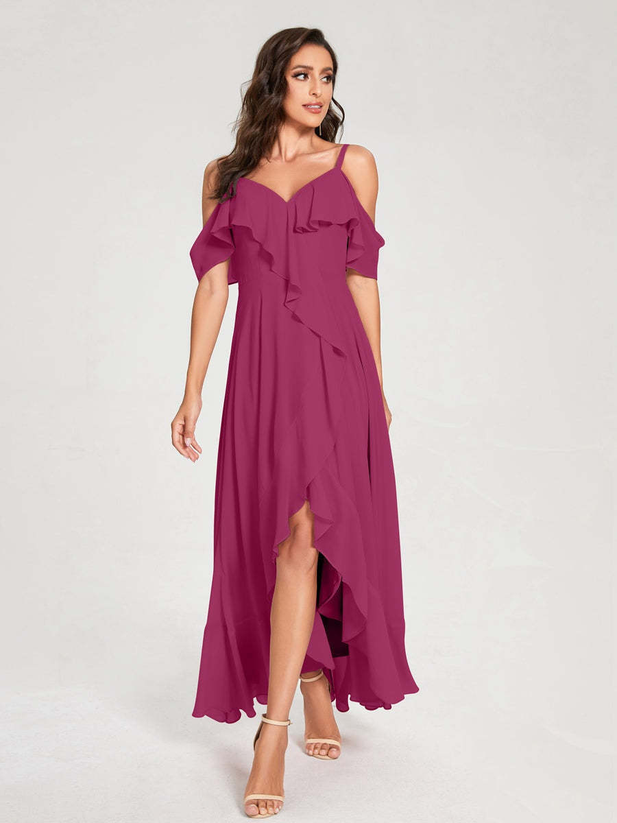Princess A-Line Spaghetti Straps V-Neck Short Sleeve Asymmetrical Ruffled Bridesmaid Dress