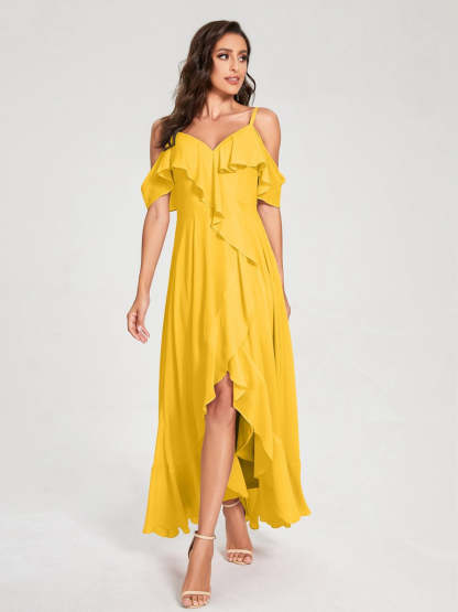 Princess A-Line Spaghetti Straps V-Neck Short Sleeve Asymmetrical Ruffled Bridesmaid Dress