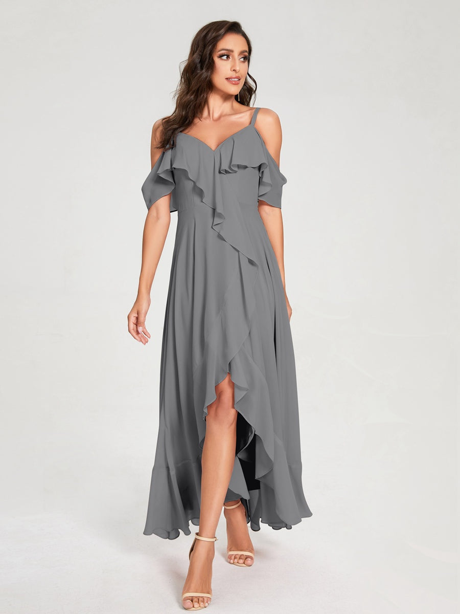 Princess A-Line Spaghetti Straps V-Neck Short Sleeve Asymmetrical Ruffled Bridesmaid Dress