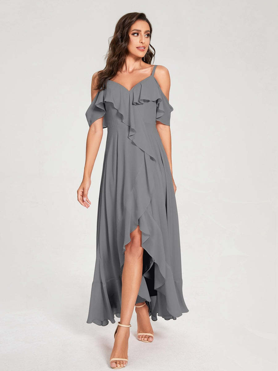 Princess A-Line Spaghetti Straps V-Neck Short Sleeve Asymmetrical Ruffled Bridesmaid Dress