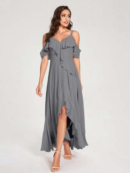 Princess A-Line Spaghetti Straps V-Neck Short Sleeve Asymmetrical Ruffled Bridesmaid Dress