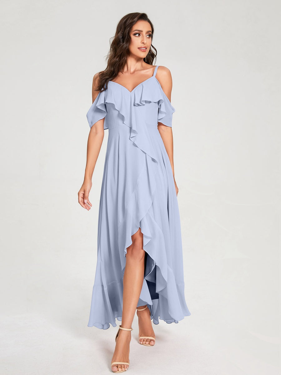 Princess A-Line Spaghetti Straps V-Neck Short Sleeve Asymmetrical Ruffled Bridesmaid Dress