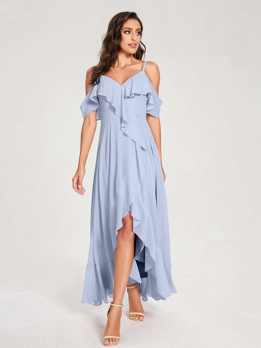 Princess A-Line Spaghetti Straps V-Neck Short Sleeve Asymmetrical Ruffled Bridesmaid Dress