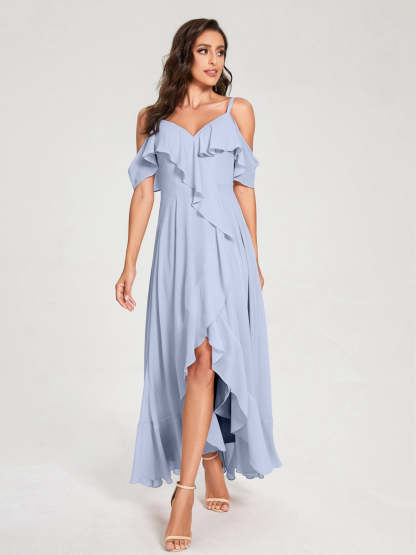 Princess A-Line Spaghetti Straps V-Neck Short Sleeve Asymmetrical Ruffled Bridesmaid Dress