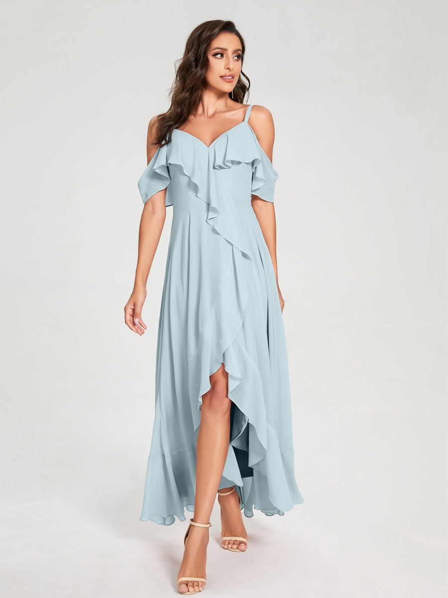 Princess A-Line Spaghetti Straps V-Neck Short Sleeve Asymmetrical Ruffled Bridesmaid Dress
