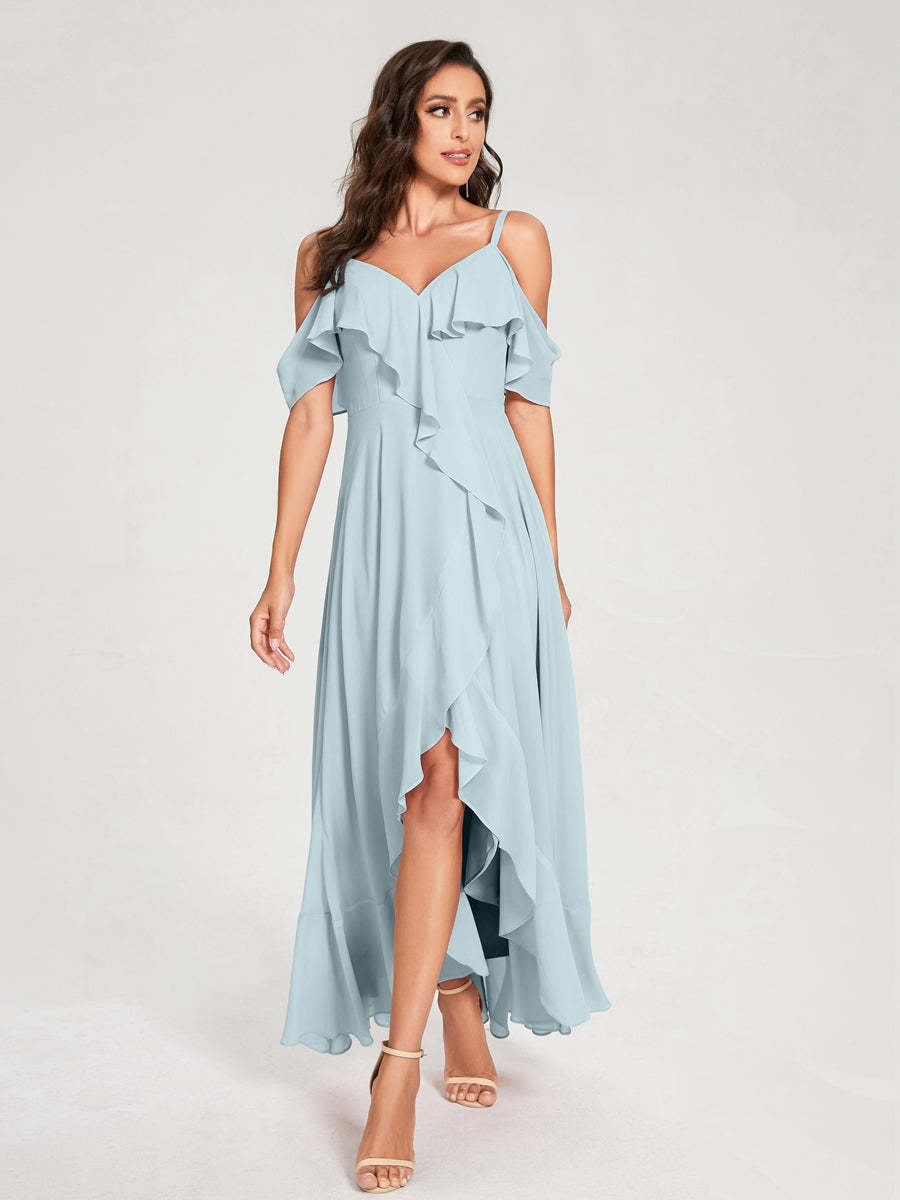 Princess A-Line Spaghetti Straps V-Neck Short Sleeve Asymmetrical Ruffled Bridesmaid Dress