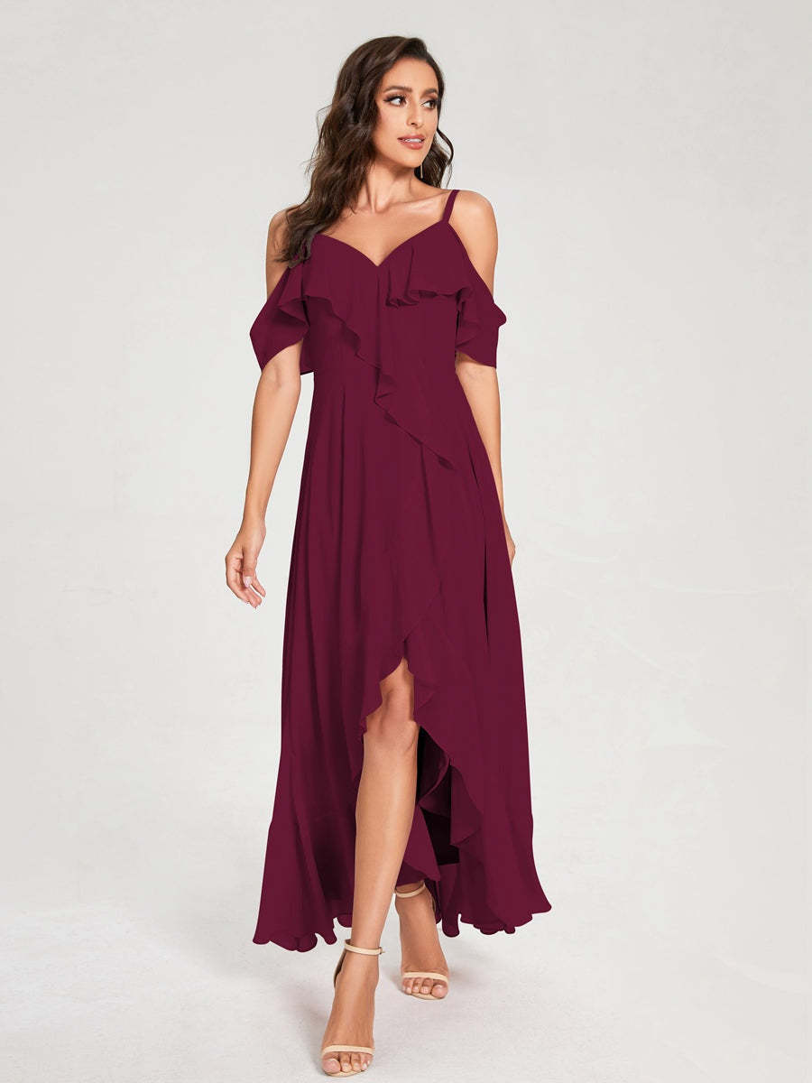 Princess A-Line Spaghetti Straps V-Neck Short Sleeve Asymmetrical Ruffled Bridesmaid Dress