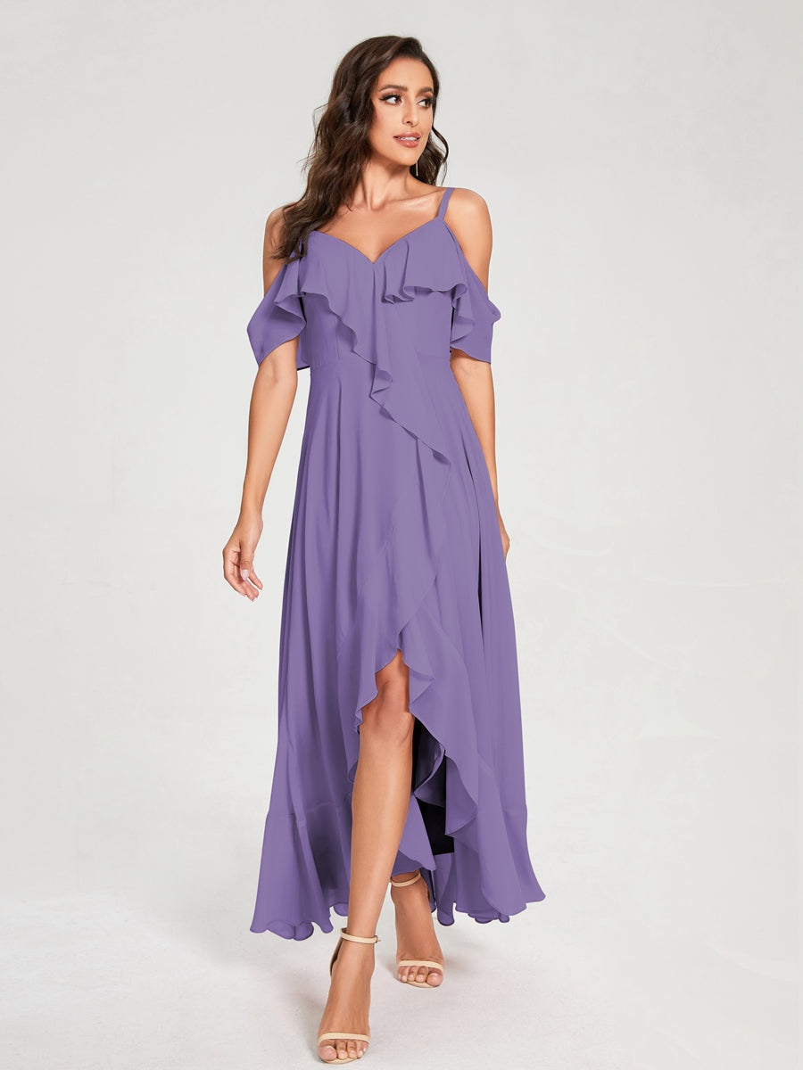 Princess A-Line Spaghetti Straps V-Neck Short Sleeve Asymmetrical Ruffled Bridesmaid Dress