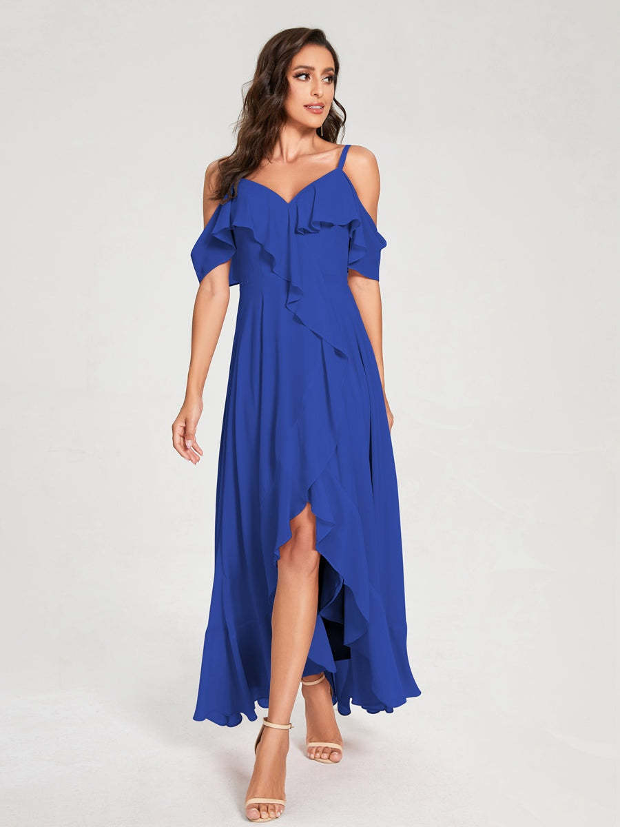 Princess A-Line Spaghetti Straps V-Neck Short Sleeve Asymmetrical Ruffled Bridesmaid Dress