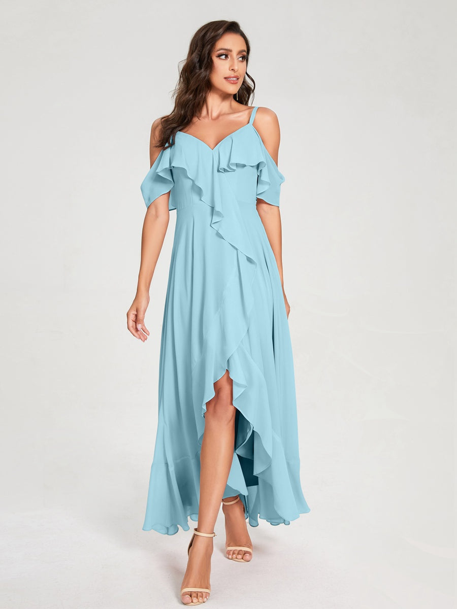 Princess A-Line Spaghetti Straps V-Neck Short Sleeve Asymmetrical Ruffled Bridesmaid Dress