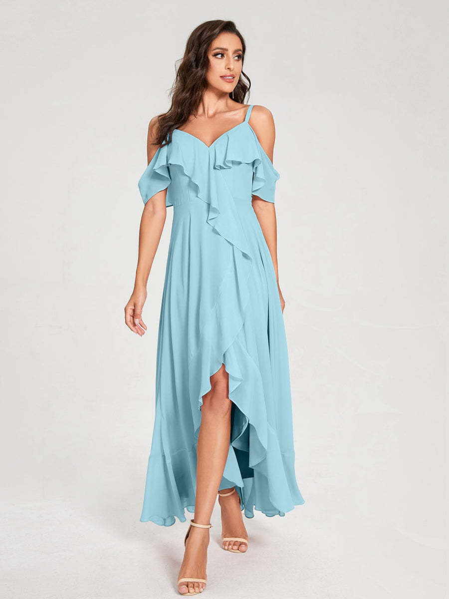Princess A-Line Spaghetti Straps V-Neck Short Sleeve Asymmetrical Ruffled Bridesmaid Dress