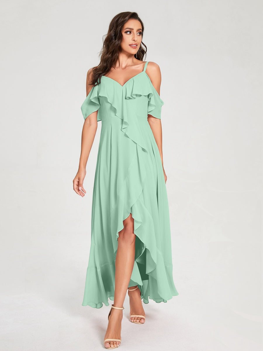 Princess A-Line Spaghetti Straps V-Neck Short Sleeve Asymmetrical Ruffled Bridesmaid Dress