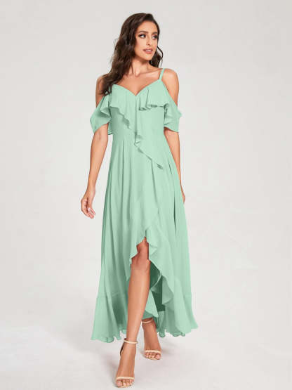 Princess A-Line Spaghetti Straps V-Neck Short Sleeve Asymmetrical Ruffled Bridesmaid Dress