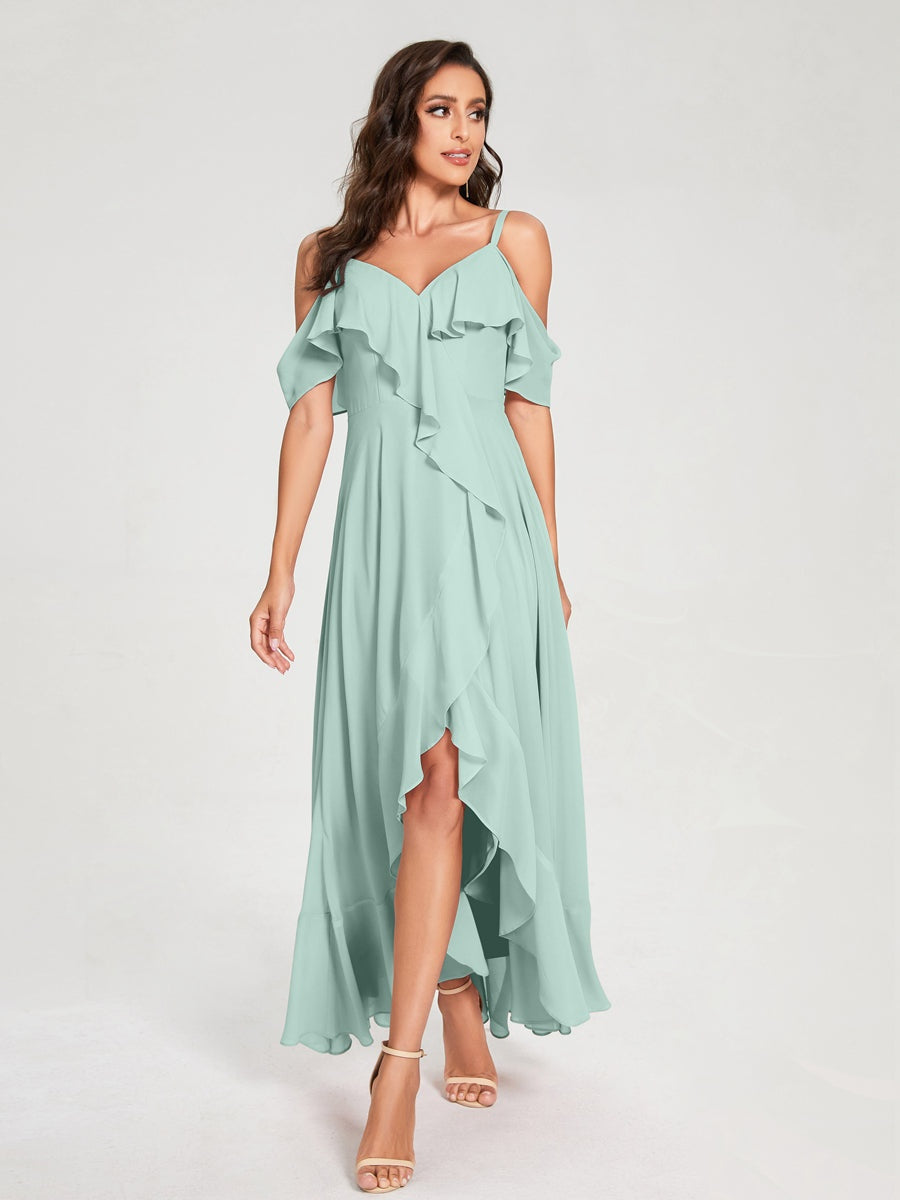 Princess A-Line Spaghetti Straps V-Neck Short Sleeve Asymmetrical Ruffled Bridesmaid Dress