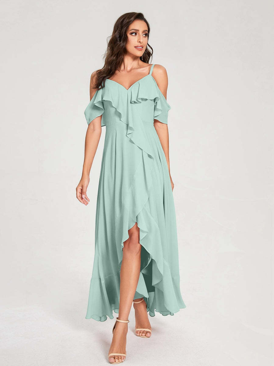 Princess A-Line Spaghetti Straps V-Neck Short Sleeve Asymmetrical Ruffled Bridesmaid Dress