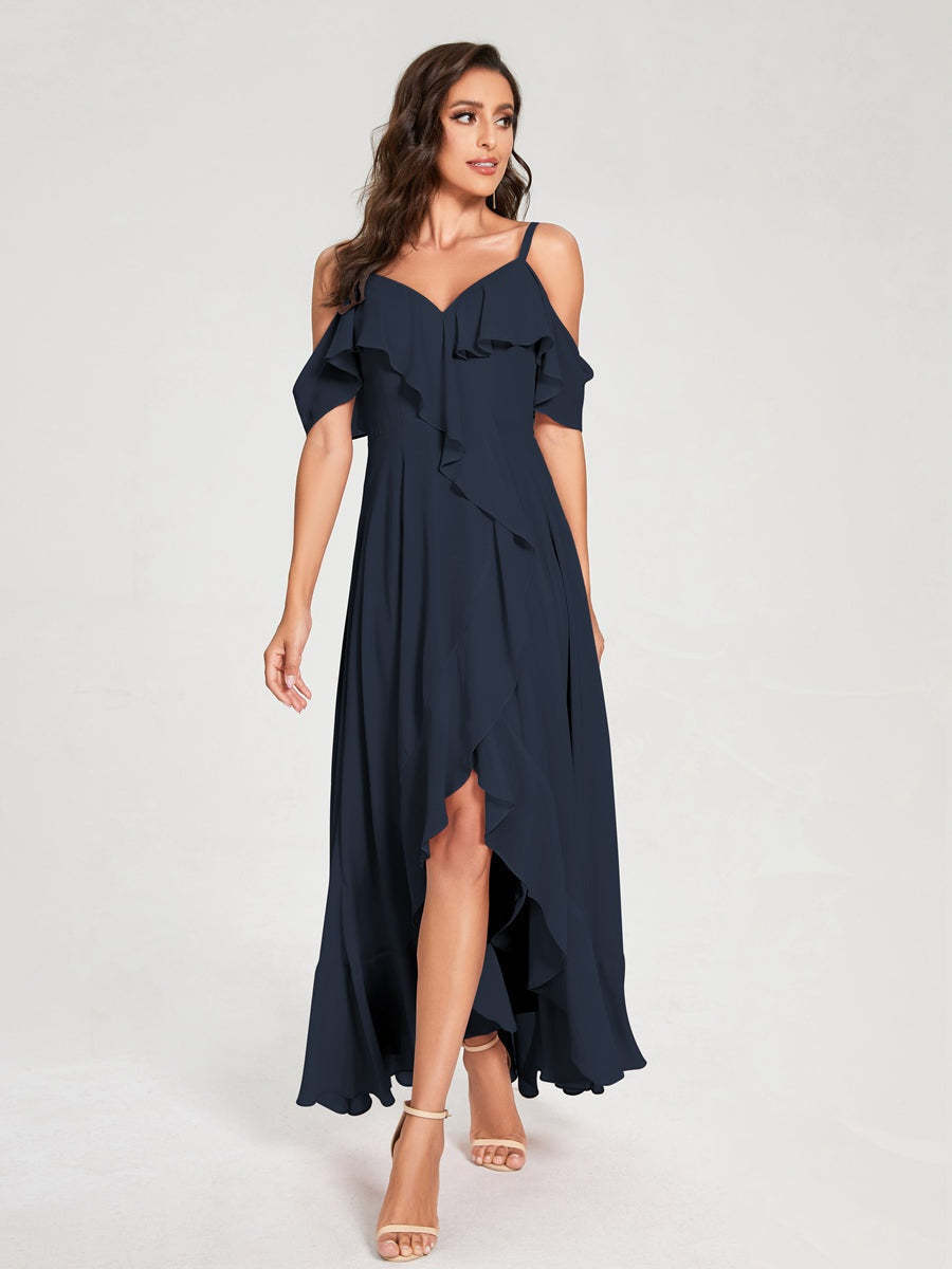 Princess A-Line Spaghetti Straps V-Neck Short Sleeve Asymmetrical Ruffled Bridesmaid Dress